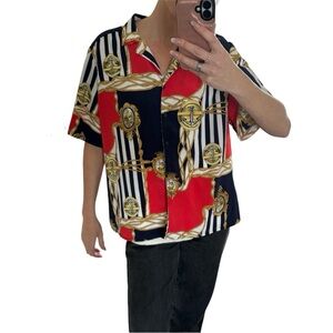 Vintage Alia Nautical Rope & Anchor Print Button-Up coastal holiday (M/L)